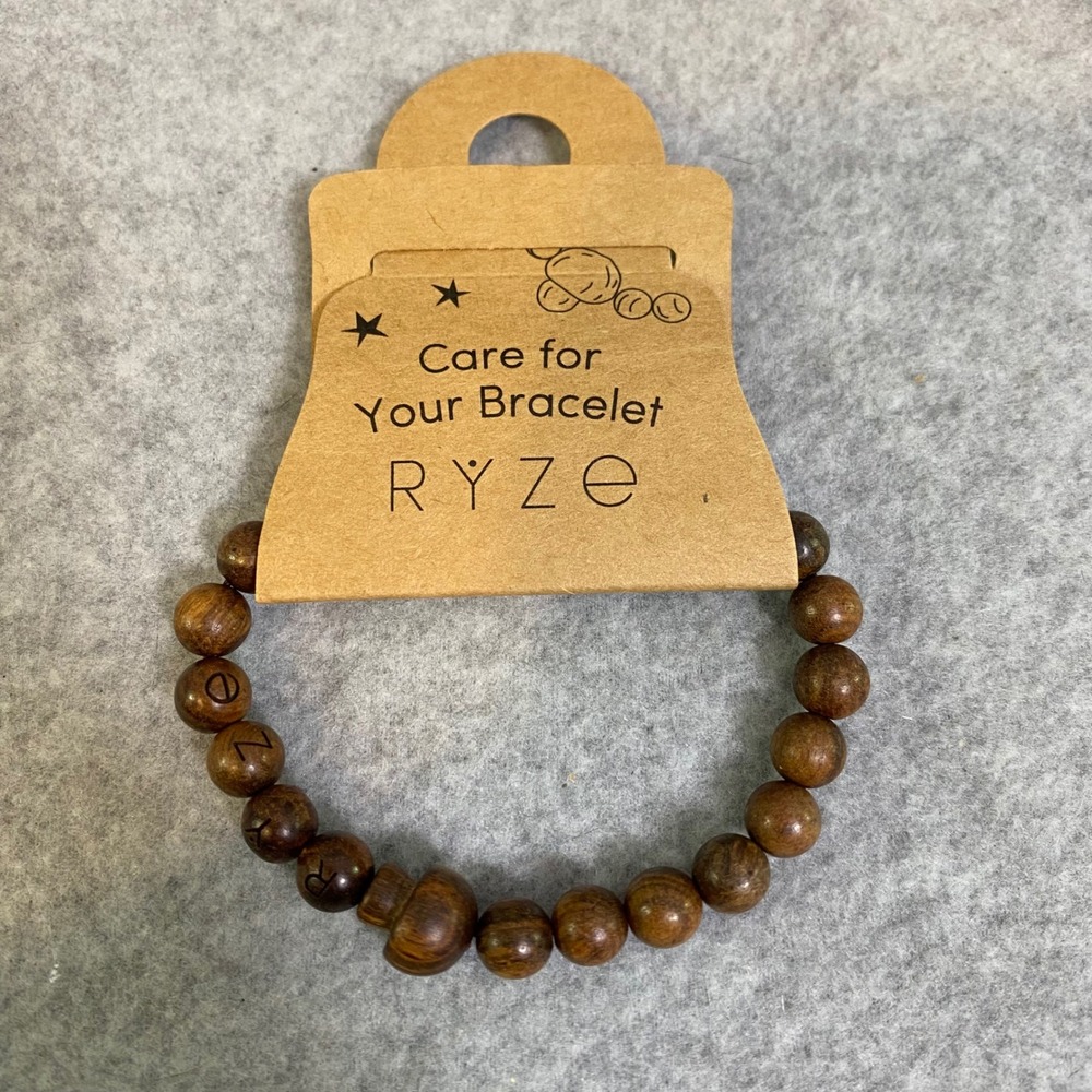 Ryze Wood Bead Bracelet Unisex OS Brown Mushroom Charm Stretch Earthy Boho NWOT